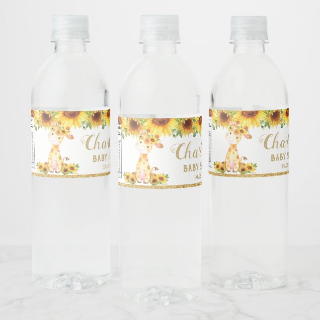 Sunflower Giraffe Baby Shower 1st Birthday Favor Water Bottle Label (Bottles)