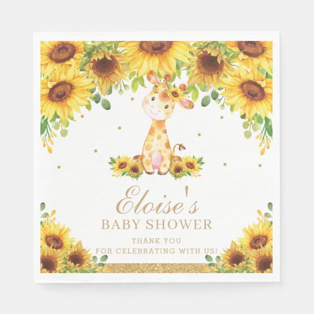 Sunflower Giraffe Baby Shower Birthday Party Napkins (Front)