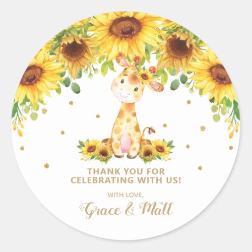 Sunflower Giraffe Thank You Gold Glitter Classic Round Sticker