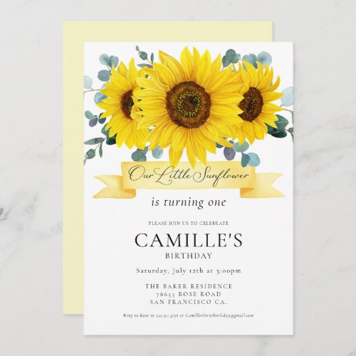 Sunflower Girl 1st Birthday Invitation