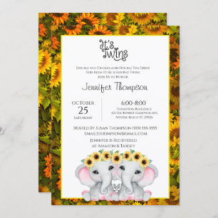 Sunflower Girls Twin Elephant Baby Shower Invitation