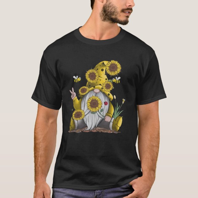 Sunflower Gnome With Bee Funny Hippie Gnome Swea T-Shirt (Front)