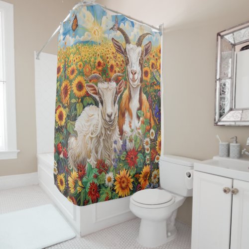 sunflower goats with apple tree  Shower Curtain