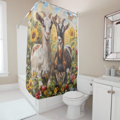 sunflower goats with apple tree  Shower Curtain