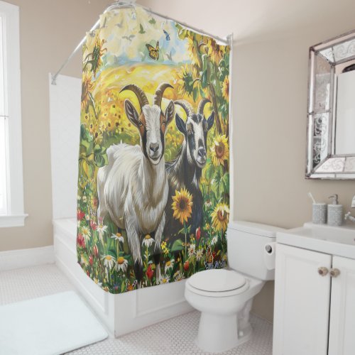 sunflower goats with apple tree  Shower Curtain