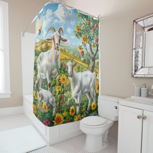 sunflower goats with apple tree  Shower Curtain