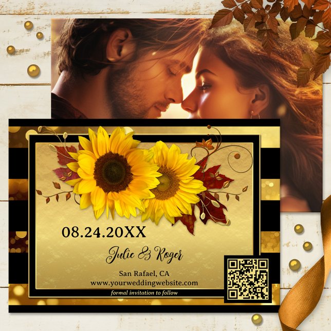 Sunflower Gold Black Photo Save the Date Card (Save the Date card with festive sunflowers and fall leaves on sparkling gold and black stripes)