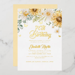 Sunflower Gold Butterfly 70th Birthday Party Foil Invitation