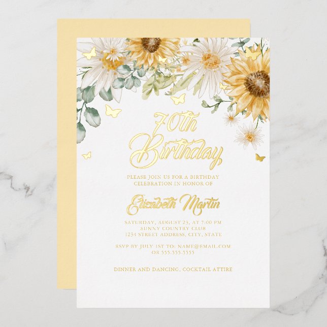 Sunflower Gold Butterfly 70th Birthday Party  Foil Invitation (Front/Back)