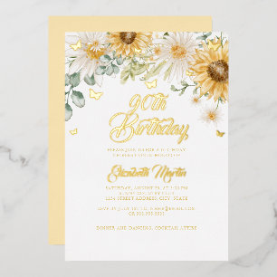 Sunflower Gold Butterfly 90th Birthday Party  Foil Invitation