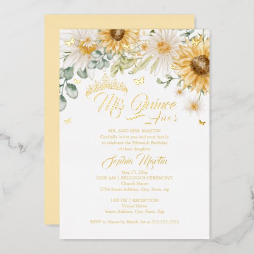 Sunflower Gold Butterfly Mis Quince Quinceanera Foil Invitation