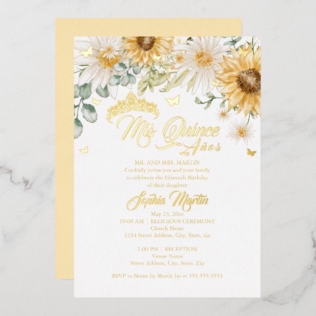 Sunflower Gold Butterfly Mis Quince Quinceanera Foil Invitation (Front/Back)