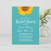 Sunflower Gold Confetti Turquoise Bridal Shower Invitation (Standing Front)
