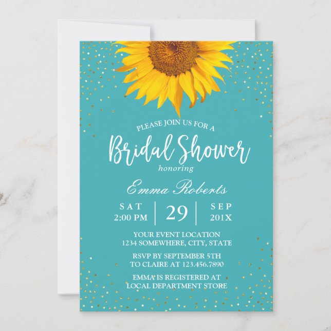 Sunflower Gold Confetti Turquoise Bridal Shower Invitation (Front)