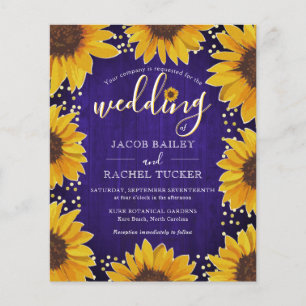 Sunflower Gold Dots Blue Wood Wedding Invitation
