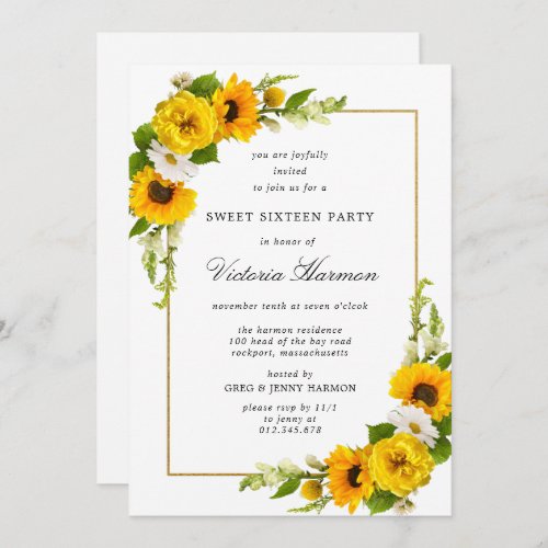  Sunflower Gold Frame Sweet 16 Party Invitation