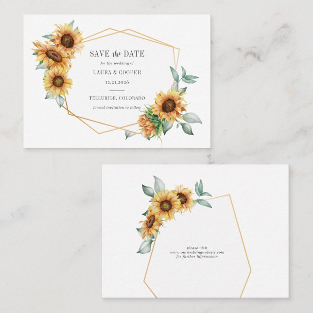 Sunflower Gold Geometric Frame Save the Date Card (Front/Back)