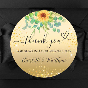 Sunflower gold glitter thank you wedding classic round sticker