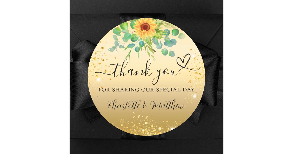 Sunflower gold glitter thank you wedding classic round sticker | Zazzle
