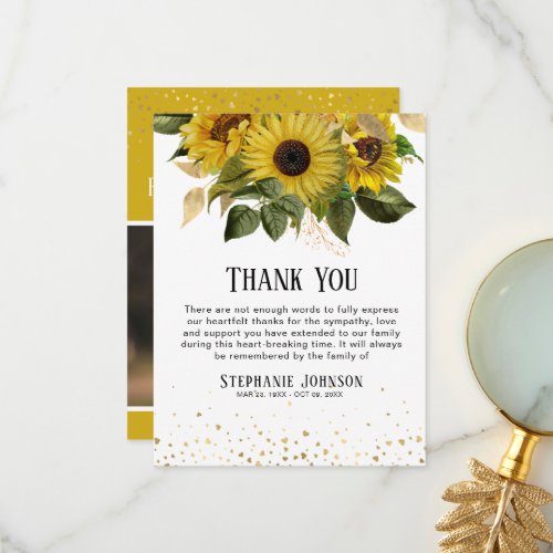 Sunflower  Gold Heart Photo Symapthy Thank You Card