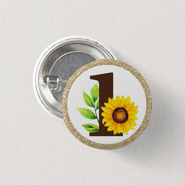 Sunflower & Gold ONE Baby Girl 1st Birthday Party Button (Front & Back)