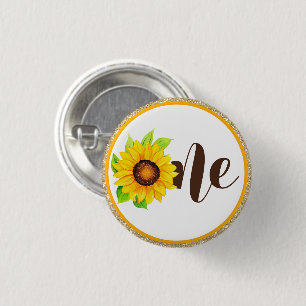 Sunflower & Gold ONE Baby Girl 1st Birthday Party Button