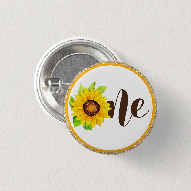 Sunflower & Gold ONE Baby Girl 1st Birthday Party Button (Front & Back)