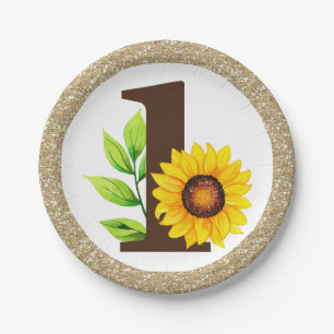 Sunflower & Gold ONE Baby Girl 1st Birthday Party Paper Plates