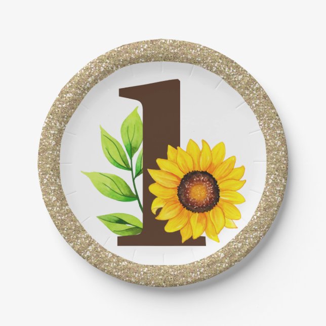 Sunflower & Gold ONE Baby Girl 1st Birthday Party Paper Plates (Front)