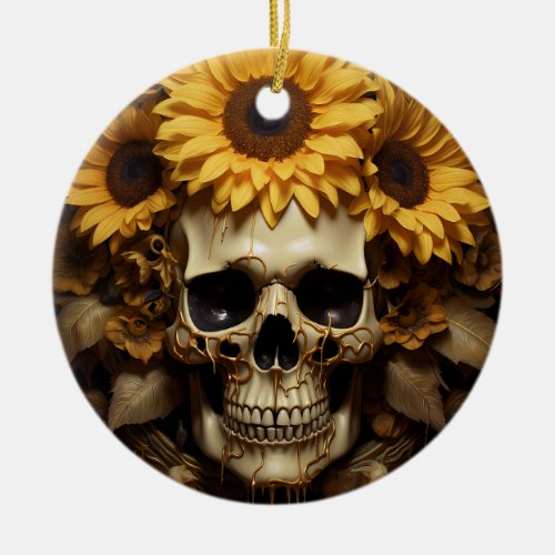 Sunflower Gold Skull  Ceramic Ornament