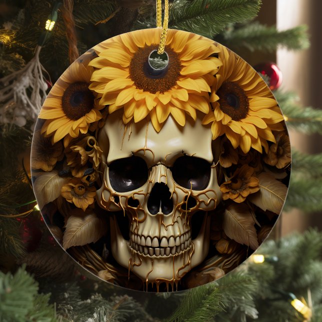 Sunflower Gold Skull  Ceramic Ornament (Creator Uploaded)