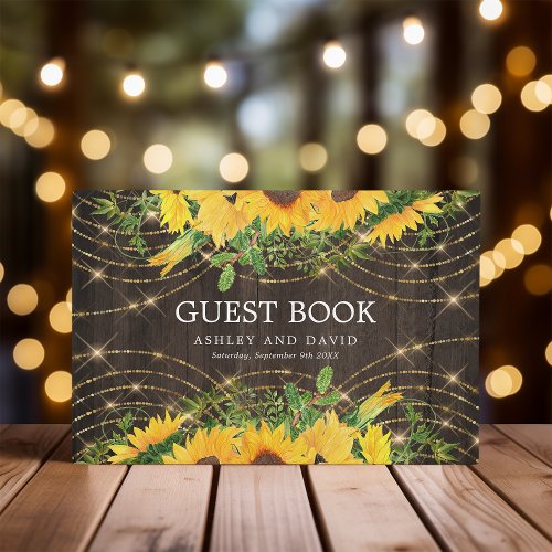 Sunflower Gold String Lights Rustic Floral Wedding Guest Book