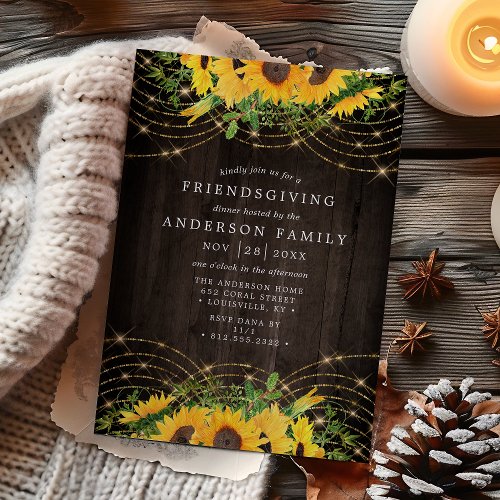 Sunflower Gold String Lights Rustic Friendsgiving Invitation