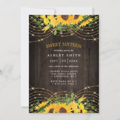 Sunflower Gold String Lights Rustic Sweet Sixteen Invitation