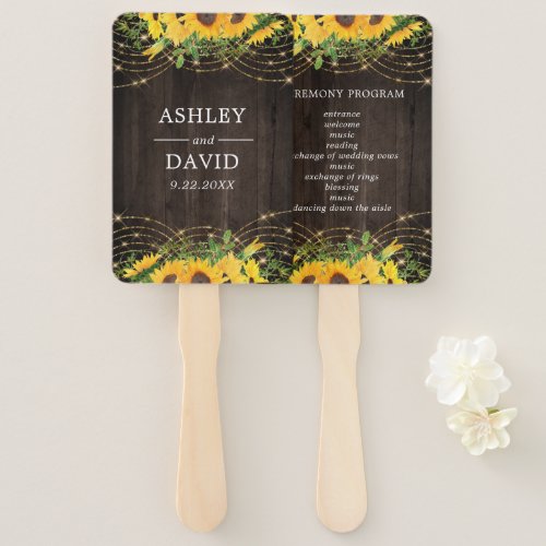 Wedding Fan Programs 9 Sunflower Gold String Lights Rustic Wedding Hand Fan