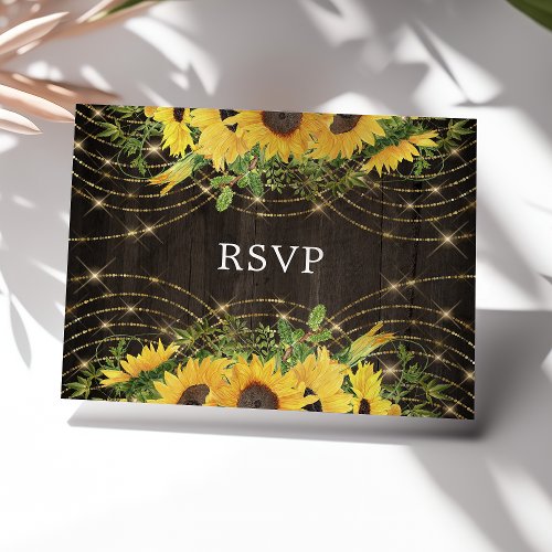 Sunflower Gold String Lights Rustic Wedding Rsvp Postcard