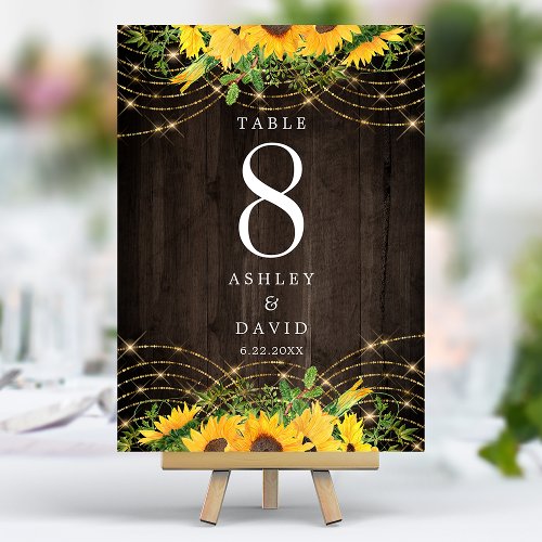 Sunflower Gold String Lights Rustic Wedding Table Number