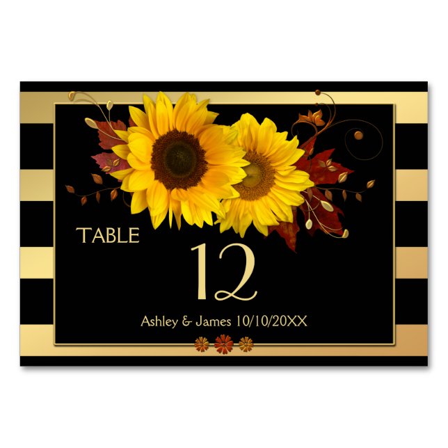 Sunflower Gold Striped Wedding Table Number Card (Front)