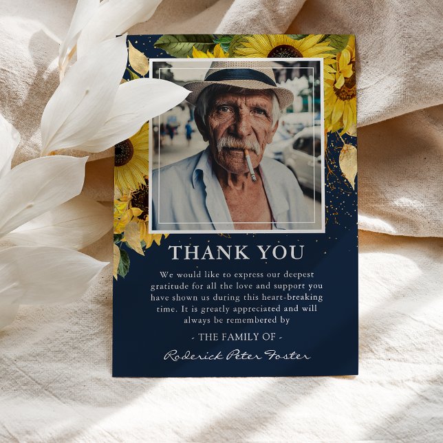 Sunflower & Gold Sympathy Photo Keepsake Navy  Thank You Card (Creator Uploaded)