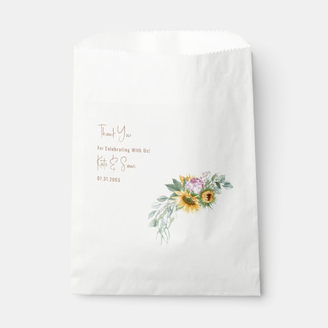 Sunflower Gold Text White Wedding Favor Bag (Front)