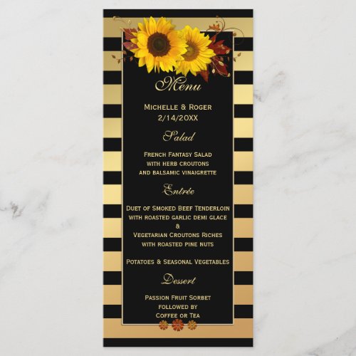 Sunflower Gold Wedding or Thanksgiving Menu Card