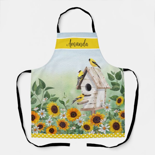 Sunflower Goldfinch Birdhouse Personalized name Apron (Front)