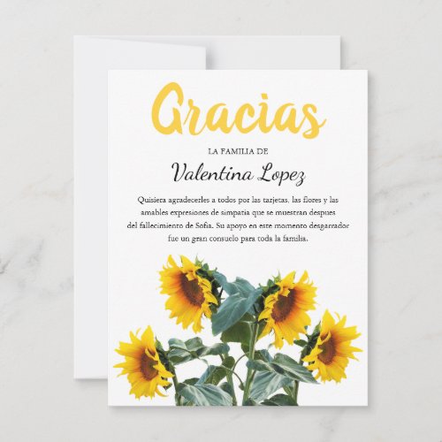 Sunflower Gracias Simpatia  Spanish Sympathy Thank You Card