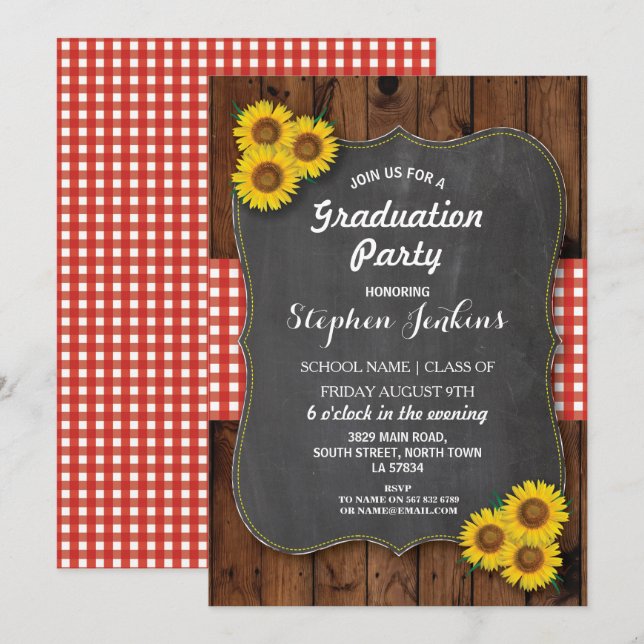 Sunflower Graduation Party Rustic Wood Invite (Front/Back)