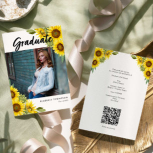 Sunflower Graduation Photo Rustic Floral QR Code Invitation