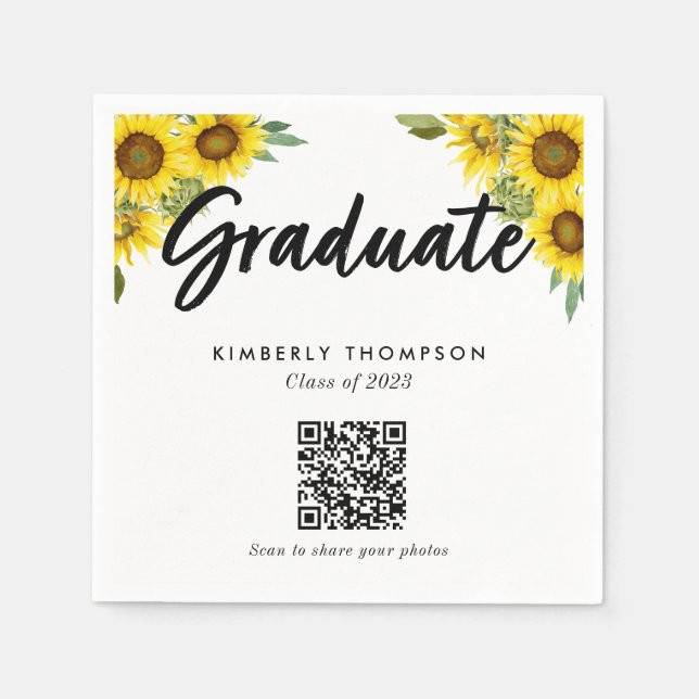 Sunflower Graduation QR Code Party Photo Share Napkins (Front)