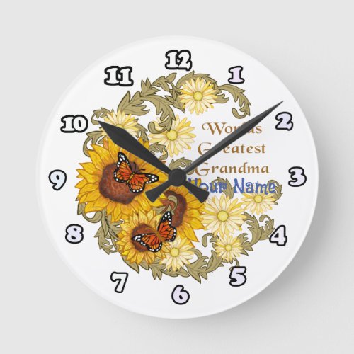 Sunflower Grandma custom name Round Clock