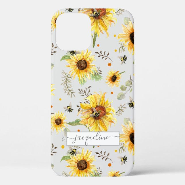 Sunflower Gray Yellow Bumble Bee Eucalyptus Leaf Case-Mate iPhone Case (Back)