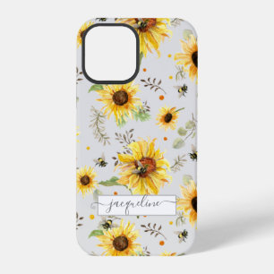 Sunflower Gray Yellow Bumble Bee Eucalyptus Leaf iPhone 12 Pro Case