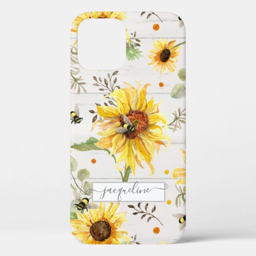 Sunflower Gray Yellow Bumble Bee Rustic Script iPhone 12 Pro Case